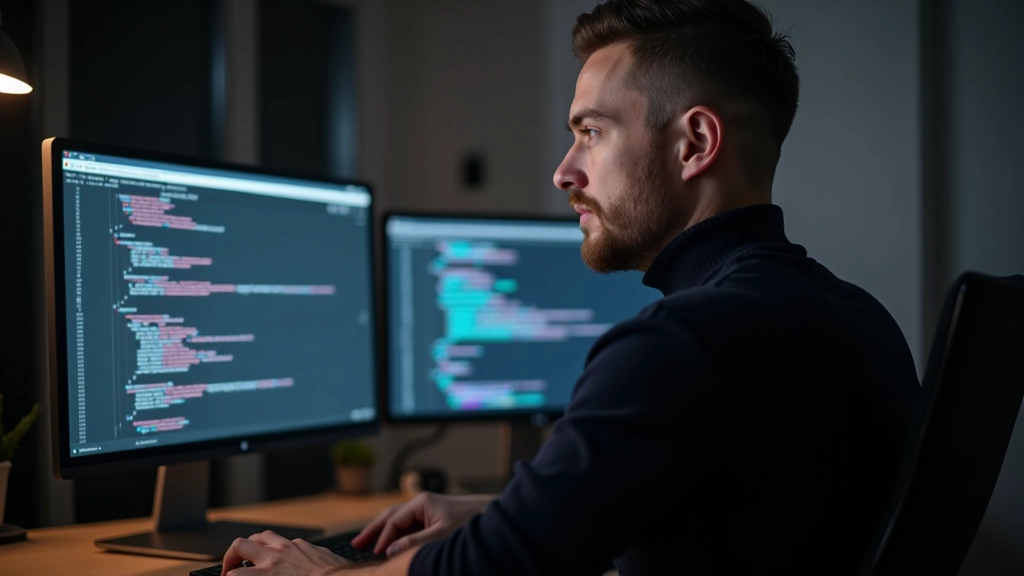 Mathieu Durand travaillant sur des animations de défilement dans son studio web moderne, écrans multiples affichant du code et des animations