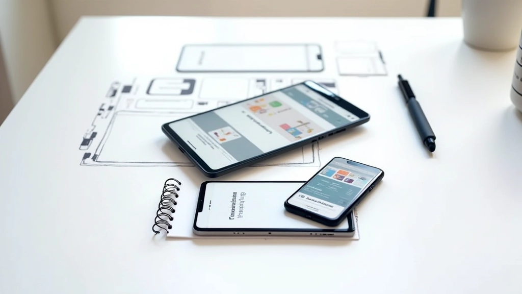 Smartphone et tablette affichant des interfaces web avec animations, sur un bureau blanc avec stylo et esquisse