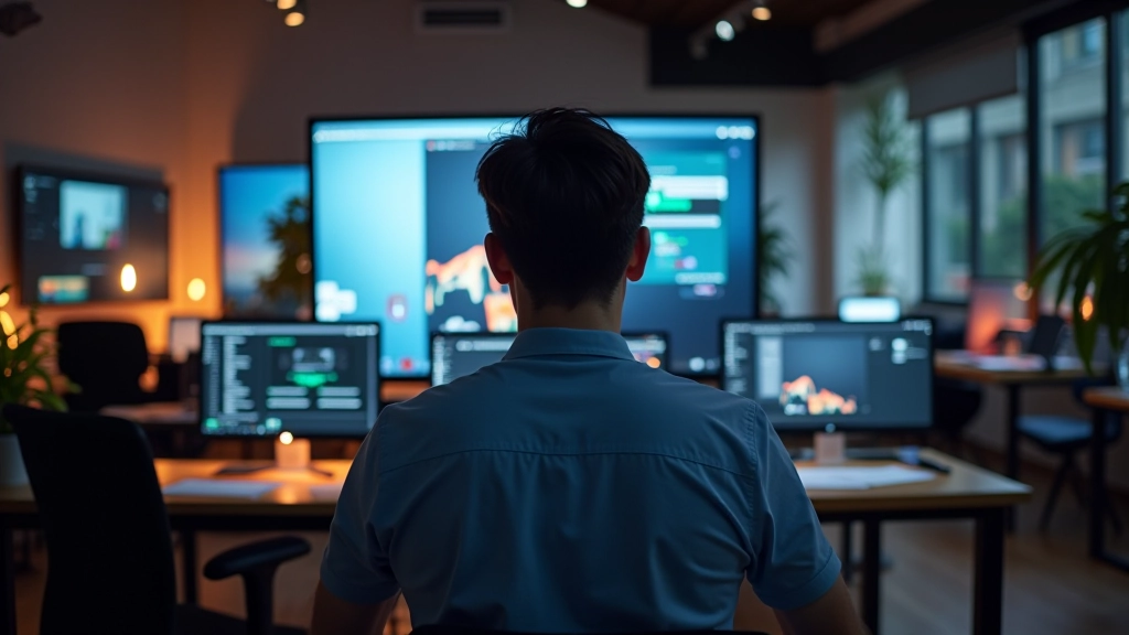 Studio moderne de conception web avec écrans affichant des animations parallaxe fluides et des effets de défilement déclenchés, ambiance professionnelle éclairage naturel