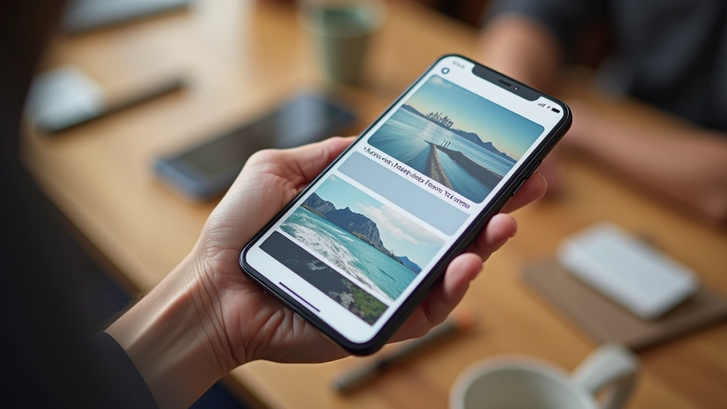 Smartphone affichant un site web avec scroll-snap horizontal, montrant plusieurs sections alignées côte à côte sur écran tactile
